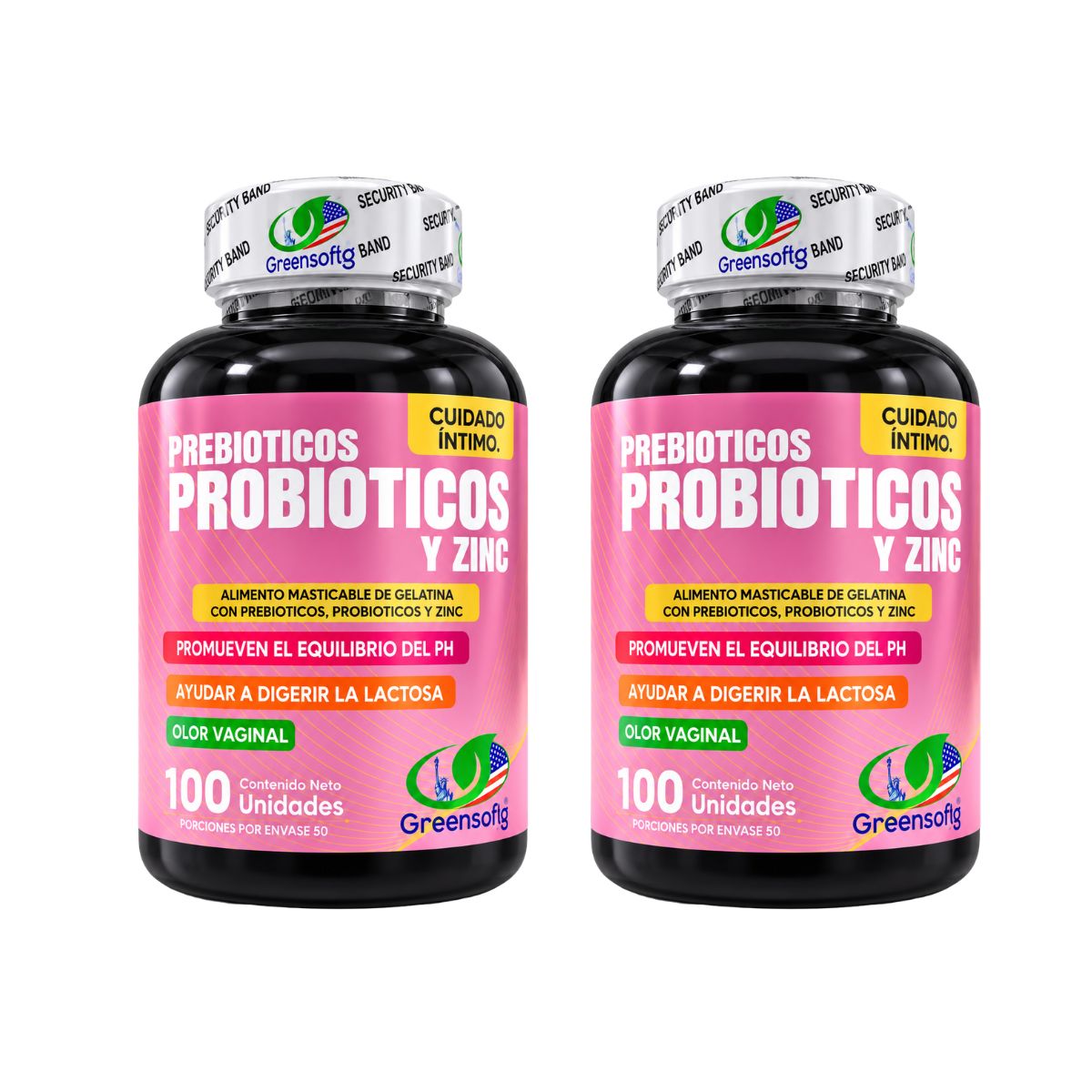 Prebióticos, Probióticos y Zinc Greensofg x100 Masticables · Cuidado Íntimo
