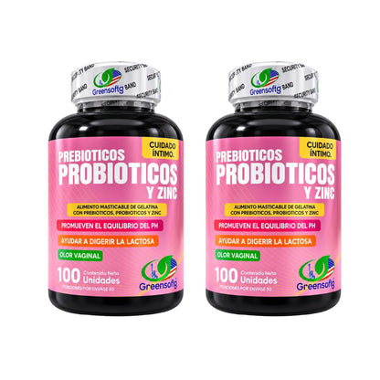 Prebióticos, Probióticos y Zinc Greensofg x100 Masticables · Cuidado Íntimo