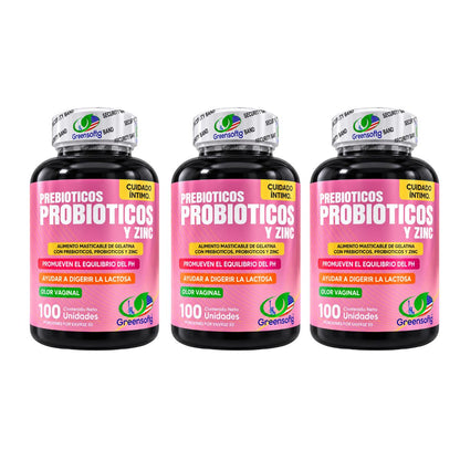 Prebióticos, Probióticos y Zinc Greensofg x100 Masticables · Cuidado Íntimo