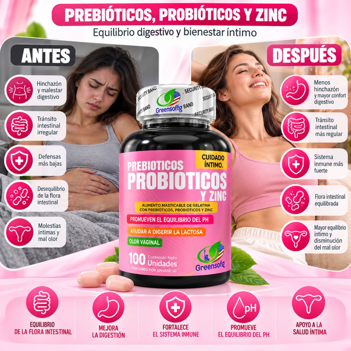 Prebióticos, Probióticos y Zinc Greensofg x100 Masticables · Cuidado Íntimo