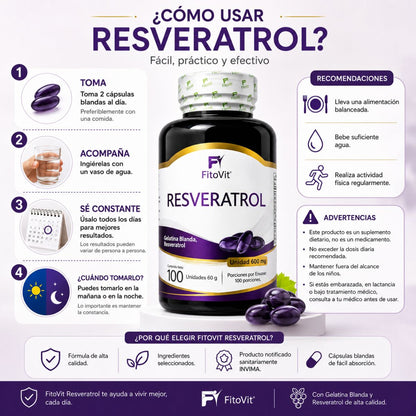 Resveratrol 600mg FitoVit 100 softgels antioxidante longevidad celular cardiovascular