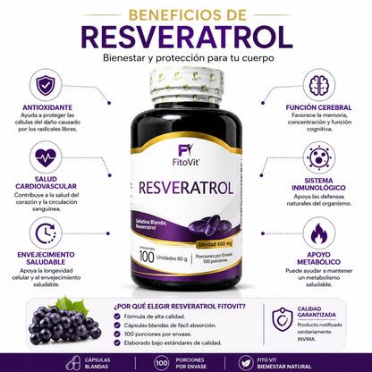 Resveratrol 600mg FitoVit 100 softgels antioxidante longevidad celular cardiovascular