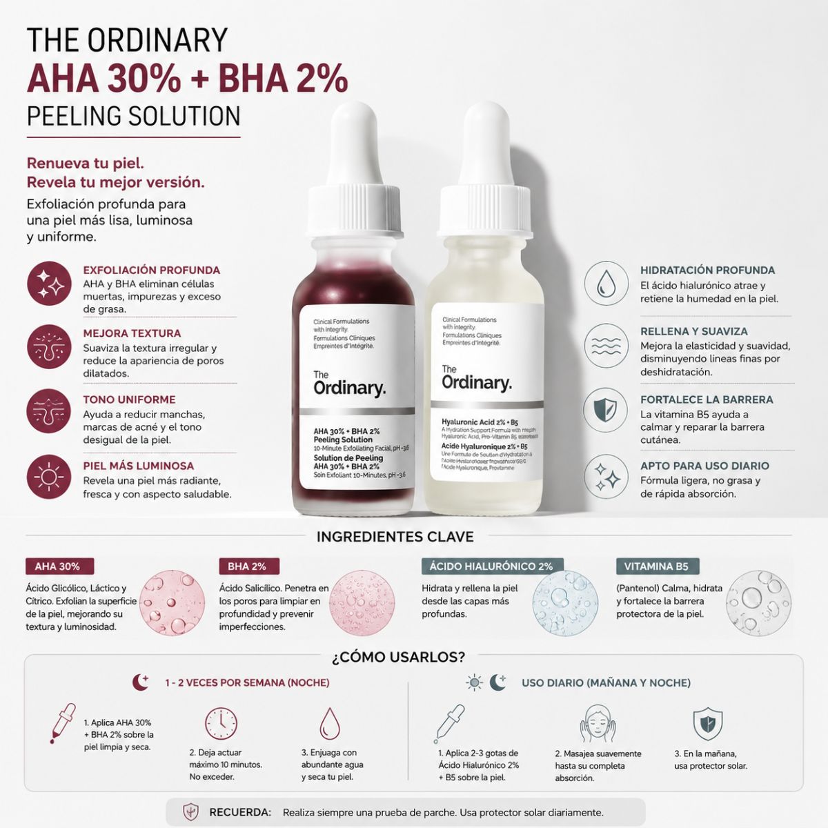 The Ordinary Peeling AHA 30 BHA 2 acido hialuronico 2 B5 15ml exfoliacion hidratacion 