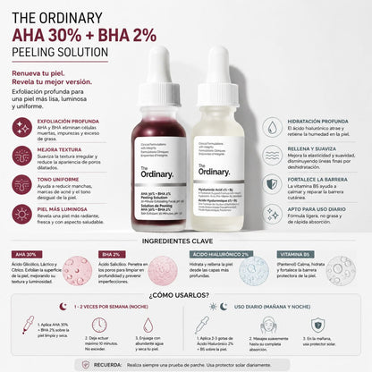 The Ordinary Peeling AHA 30 BHA 2 acido hialuronico 2 B5 15ml exfoliacion hidratacion 