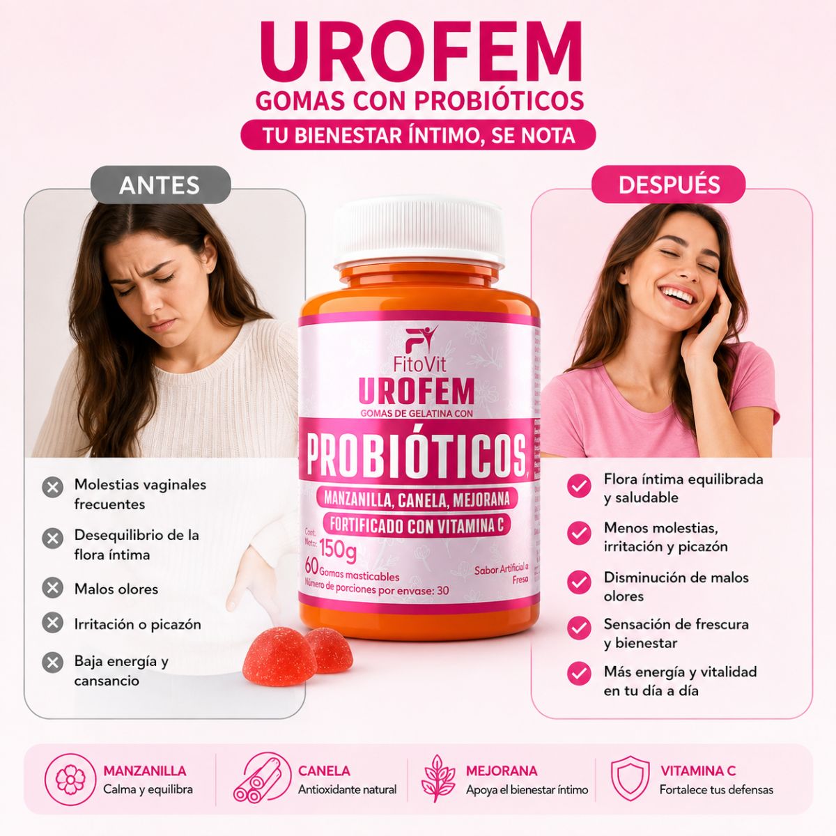Urofem Probioticos FitoVit 60 gomitas flora vaginal salud urinaria mujer