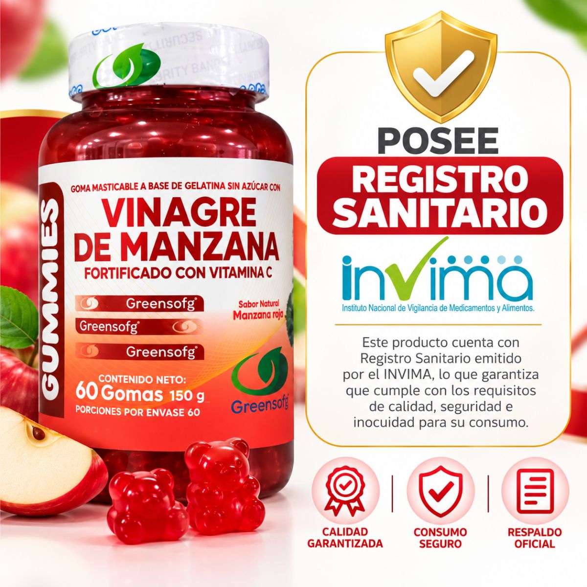 Gomitas Vinagre de Manzana Greensofg x60 Sin Azúcar con Vitamina C