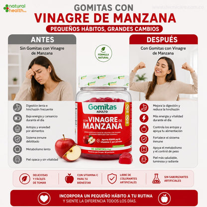 Gomitas vinagre de manzana Natural Health 60 capsulas ACV vitamina C metabolismo digestion defensas
