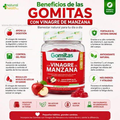 Gomitas vinagre de manzana Natural Health 60 capsulas ACV vitamina C metabolismo digestion defensas