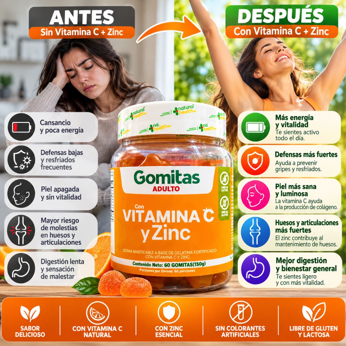 Gomitas Vitamina C y Zinc Natural Health x60 Adulto Sabor Naranja