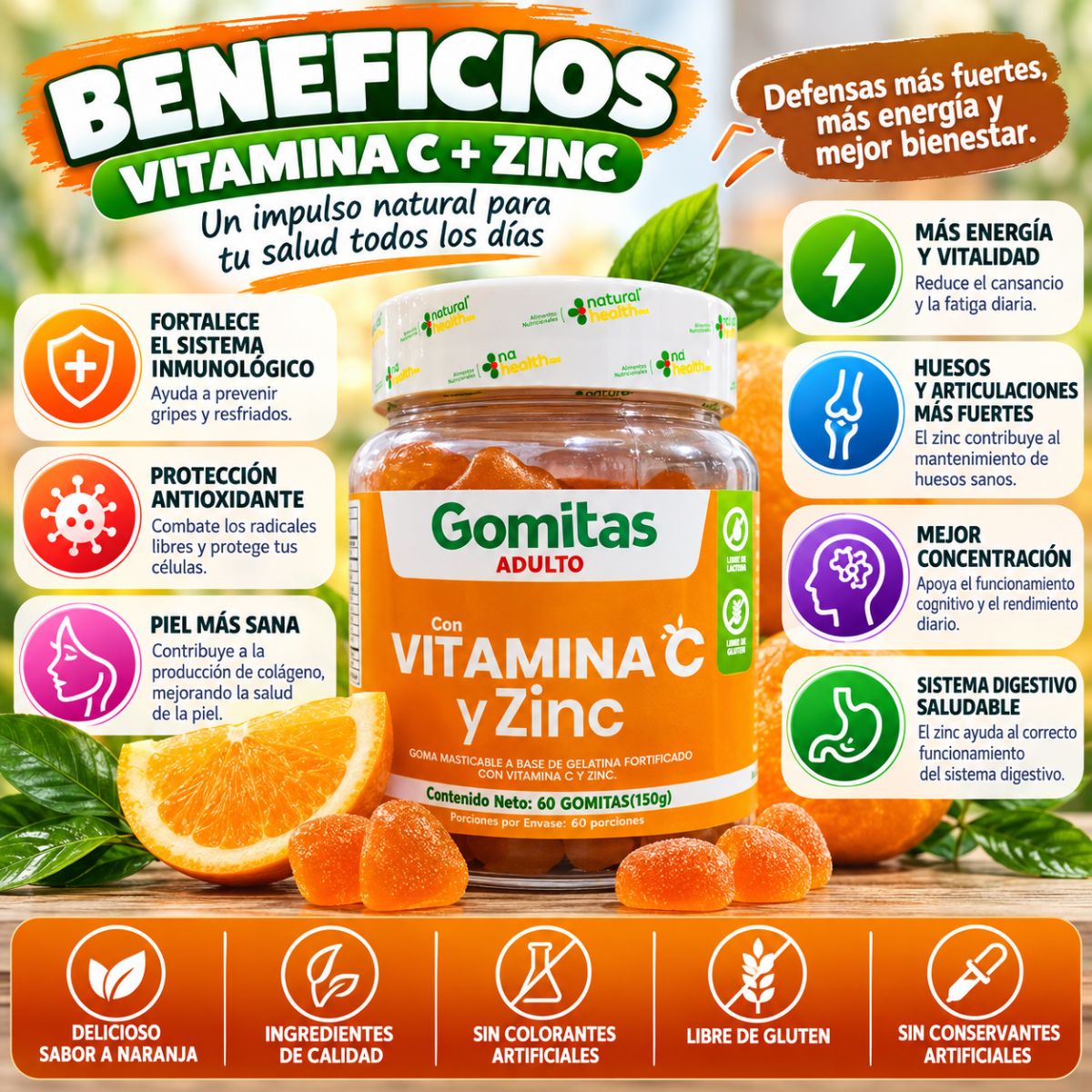 Gomitas Vitamina C y Zinc Natural Health x60 Adulto Sabor Naranja