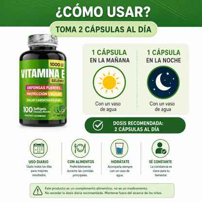 Vitamina E Selenio Softgels 100 caps antioxidante proteccion celular piel inmune tiroides