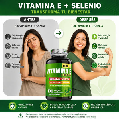 Vitamina E Selenio Softgels 100 caps antioxidante proteccion celular piel inmune tiroides