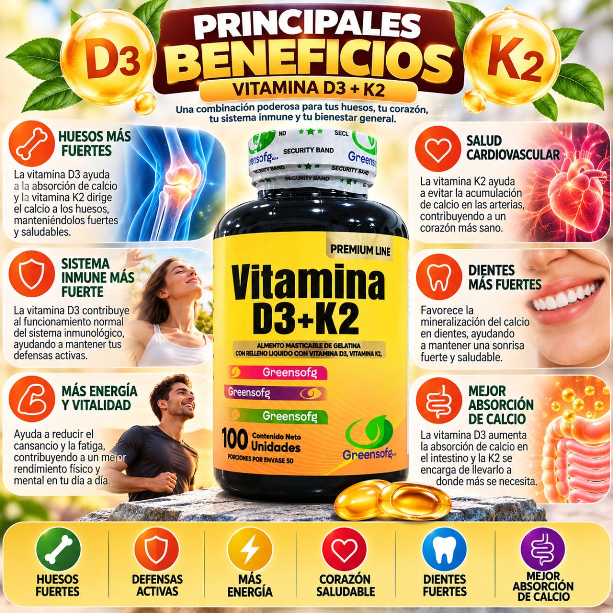 Vitamina D3 + K2 (MK-7) Greensofg x100 Cápsulas Blandas - Envío Gratis