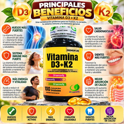 Vitamina D3 + K2 (MK-7) Greensofg x100 Cápsulas Blandas - Envío Gratis