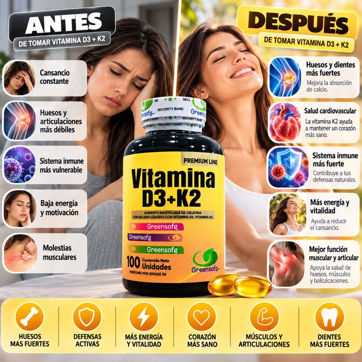Vitamina D3 + K2 (MK-7) Greensofg x100 Cápsulas Blandas - Envío Gratis