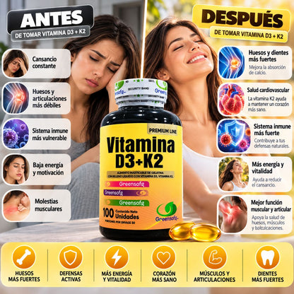 Vitamina D3 + K2 (MK-7) Greensofg x100 Cápsulas Blandas - Envío Gratis