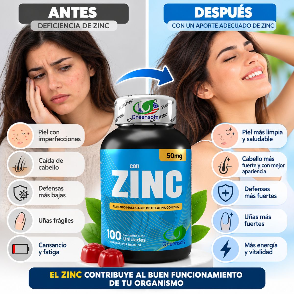 Zinc en Gomitas Greensofg x100 Piel, cabello y uñas