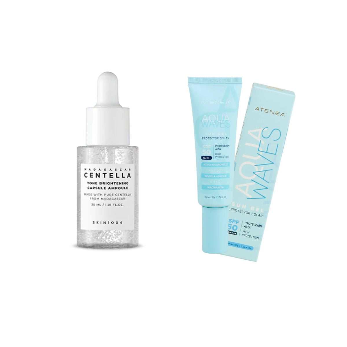 Ampolla iluminadora Skin1004 + Protector Solar Aqua Waves - Skincare coreano profesional