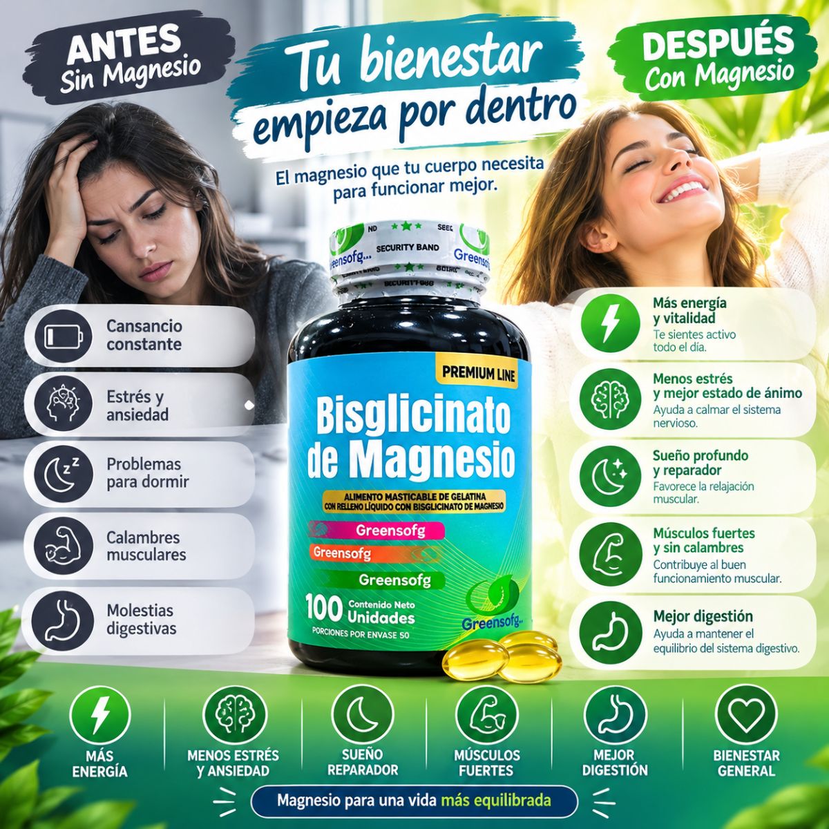 Bisglicinato de Magnesio Greensofg 400 mg: bienestar para tu rutina diaria 🌿 Envio Gratis