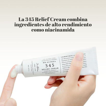 Dr Althea 345 Relief Cream calmante con niacinamida y centella asiática para piel uniforme y radiante.