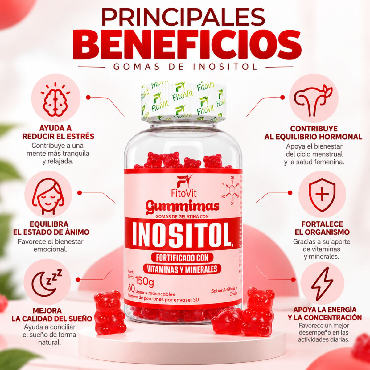 Inositol FitoVit 60 gomitas sabor chicle — alimento vitaminado con biotina y vitaminas para mujer Colombia