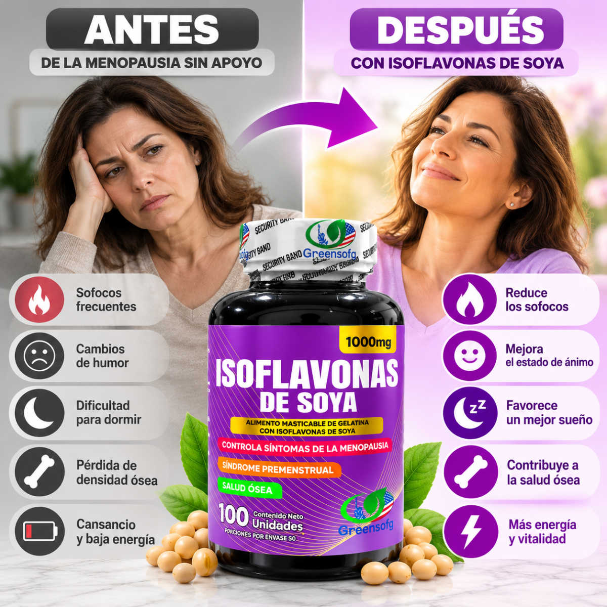 Isoflavonas de Soya Greensofg 1000 mg x100 Softgels con Vitamina C - Envío Gratis