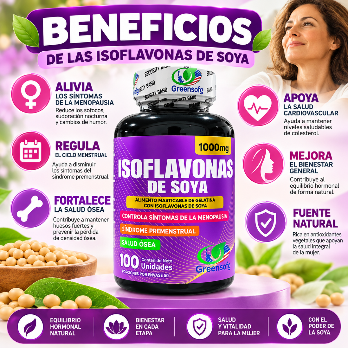 Isoflavonas de Soya Greensofg 1000 mg x100 Softgels con Vitamina C - Envío Gratis