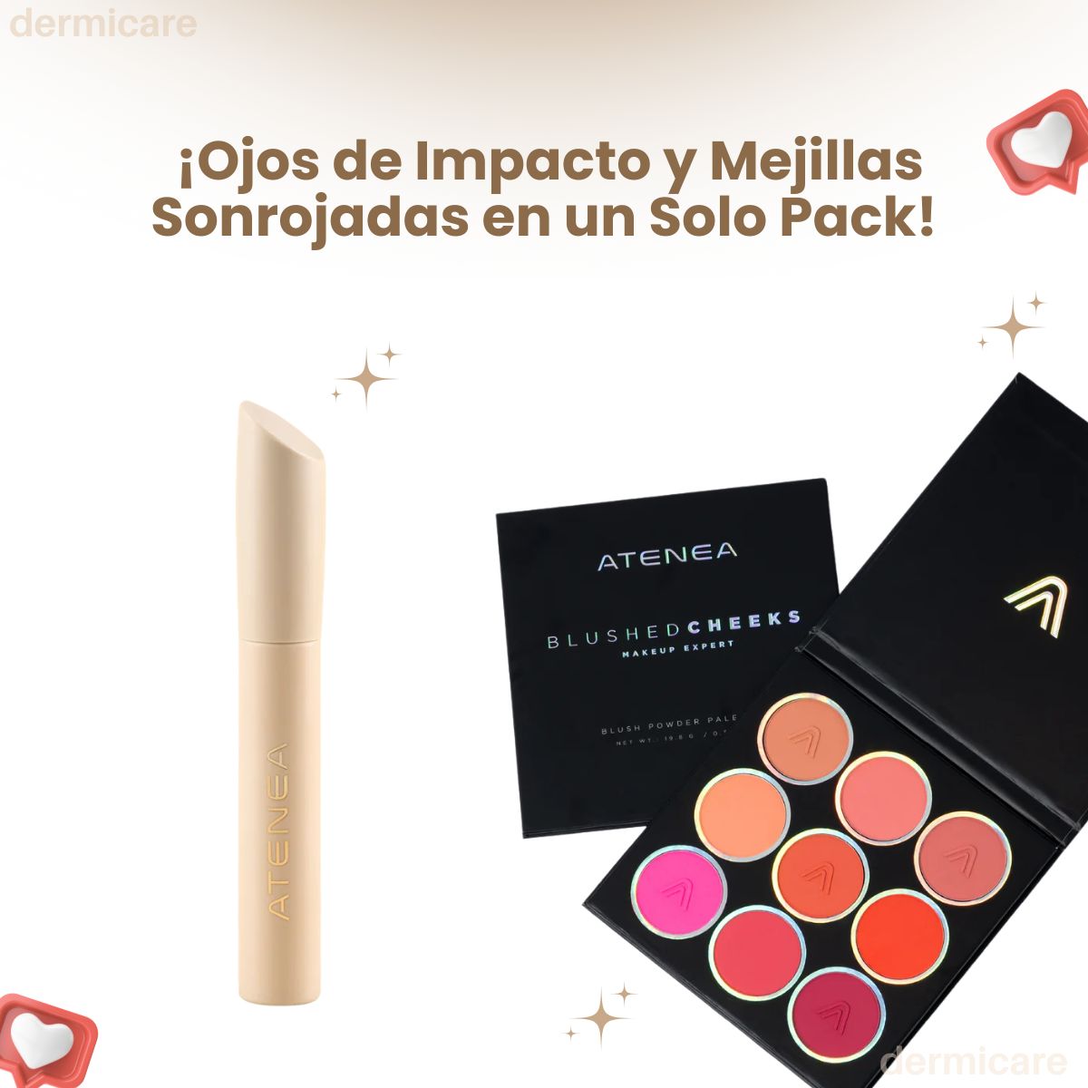 Pestañina a prueba de agua Atenea + Paleta Rubores 9 Tonos - Kit maquillaje completo