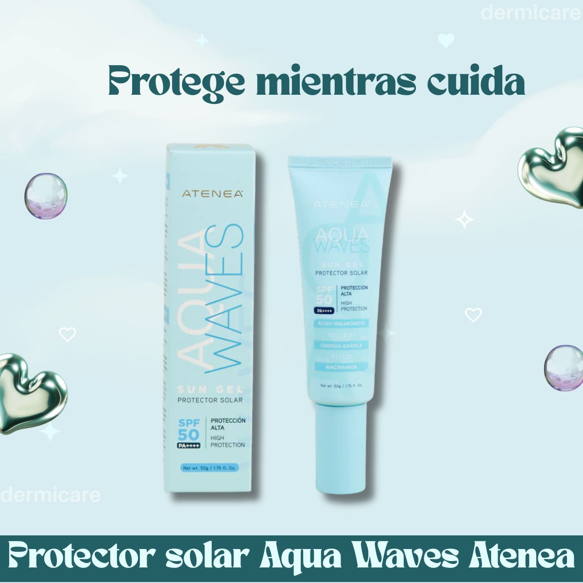 Protector solar en gel Atenea Aqua Waves SPF 50+ - Textura ligera y transparente