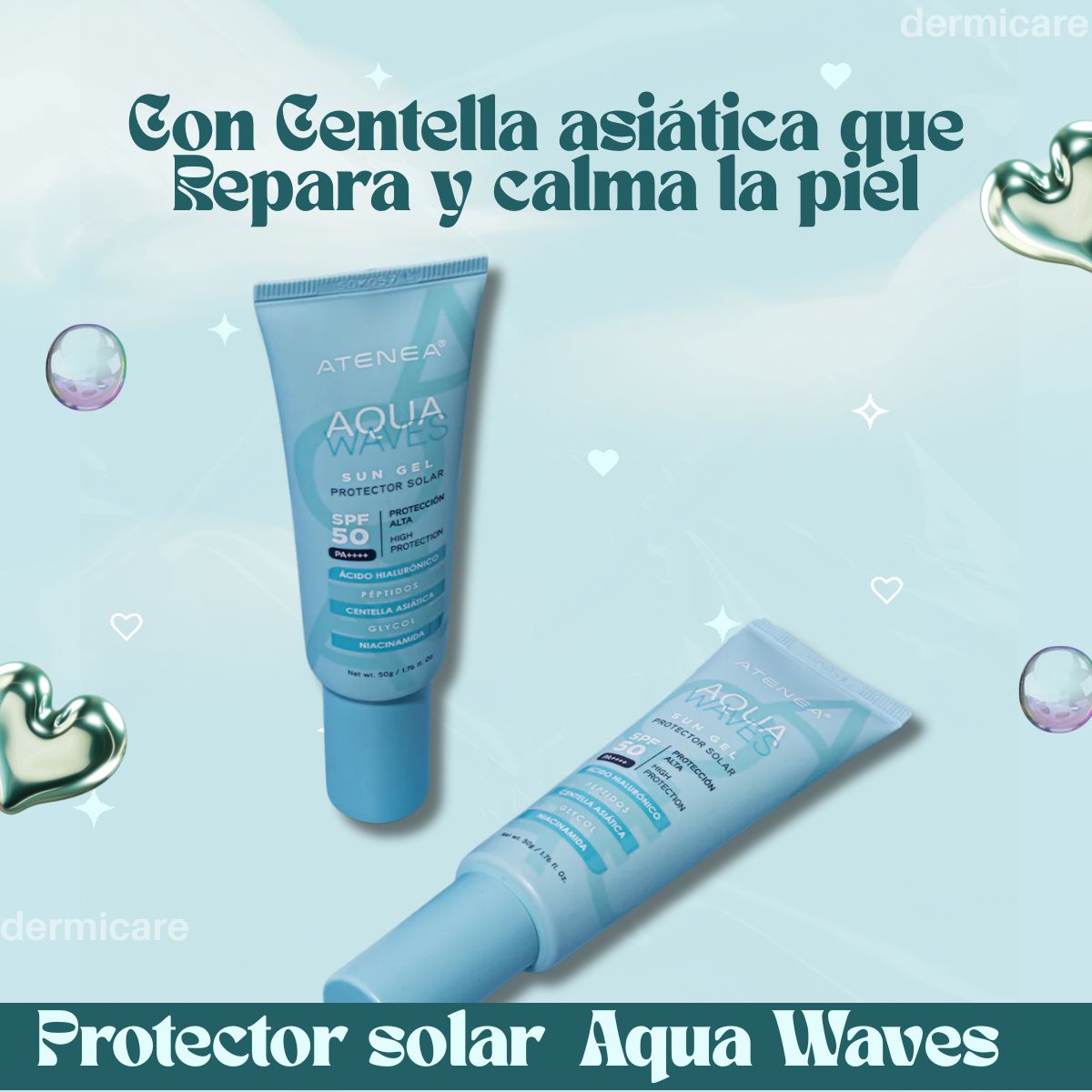 Protector solar en gel Atenea Aqua Waves SPF 50+ - Textura ligera y transparente