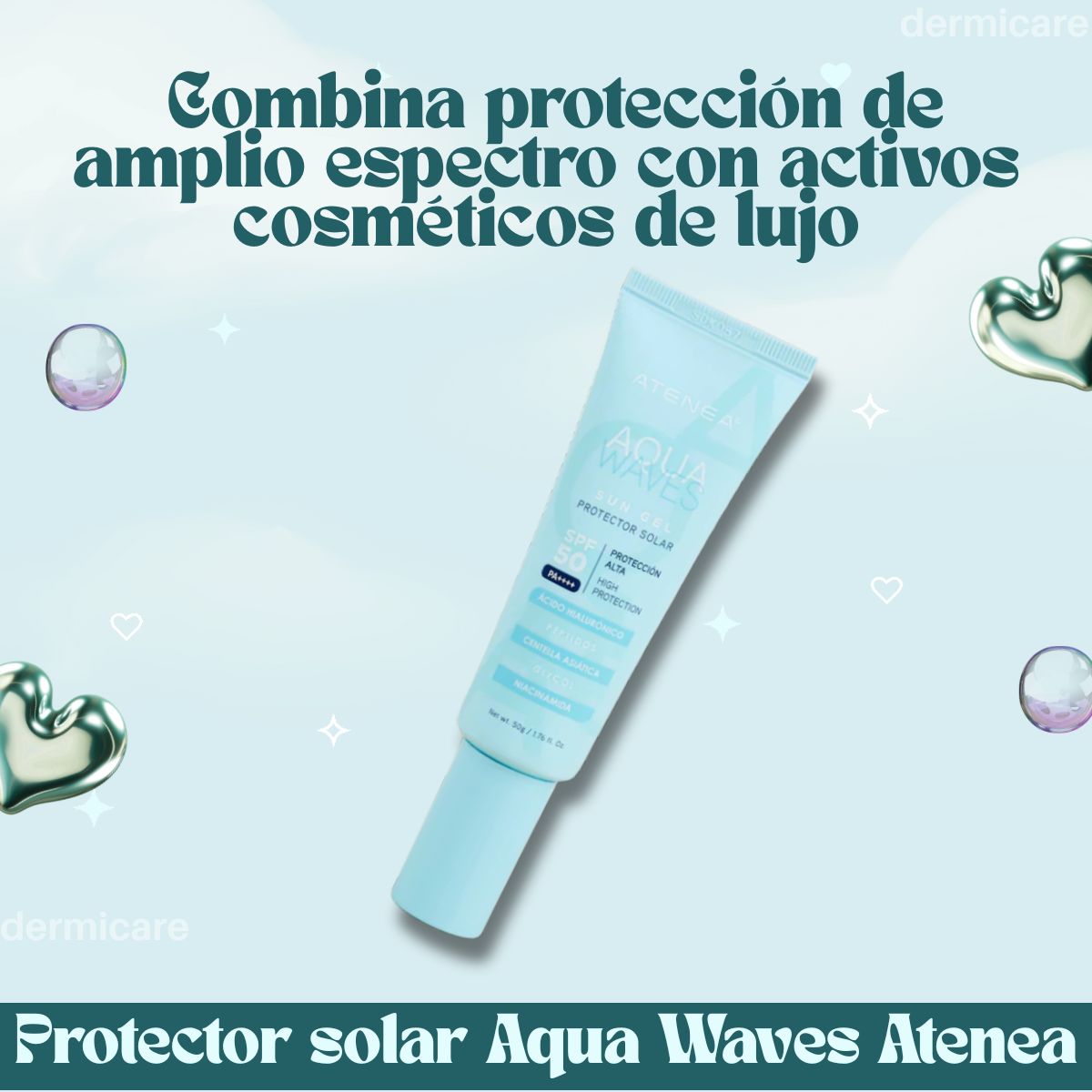 Protector solar en gel Atenea Aqua Waves SPF 50+ - Textura ligera y transparente