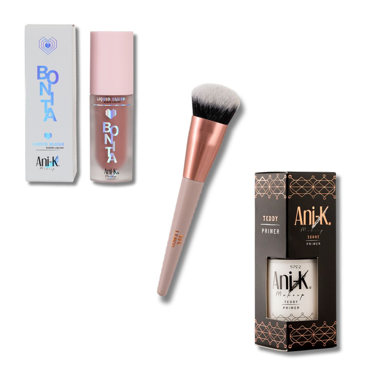 Rubor Líquido Anik + Brocha Iconik + Primer Teddy - Kit maquillaje completo