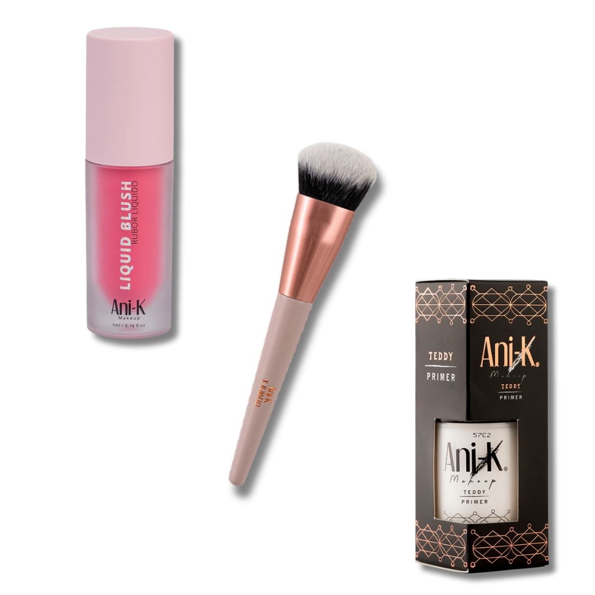Rubor Líquido Anik + Brocha Iconik + Primer Teddy - Kit maquillaje completo